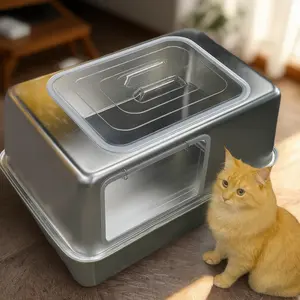 2026 New Upgrade Premium Enclosed Stainless Steel Litter Box with Metal Lid Side Entry Mess-Proof Non-Stick Surface For Big Cats