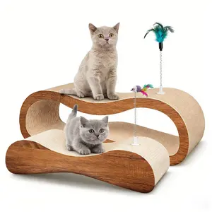 FluffyDream 2-in-1 Cat Scratcher + Plug-in Teaser Wand Cardboard Lounge Bed & Scratching Board Sofa Saver with 2 Teaser Wands – Aesthetic Multi-Purpose Cat Furniture