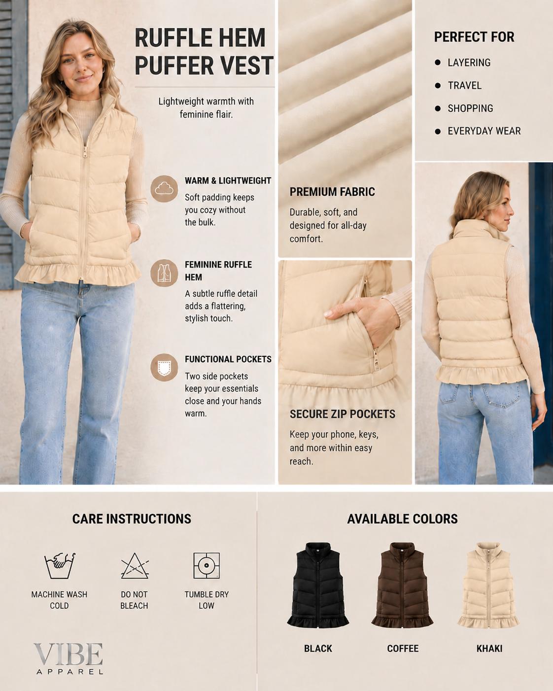 Fit and silhouette detail for Women's Ruffle-Trimmed Sleeveless Puffer Vest
