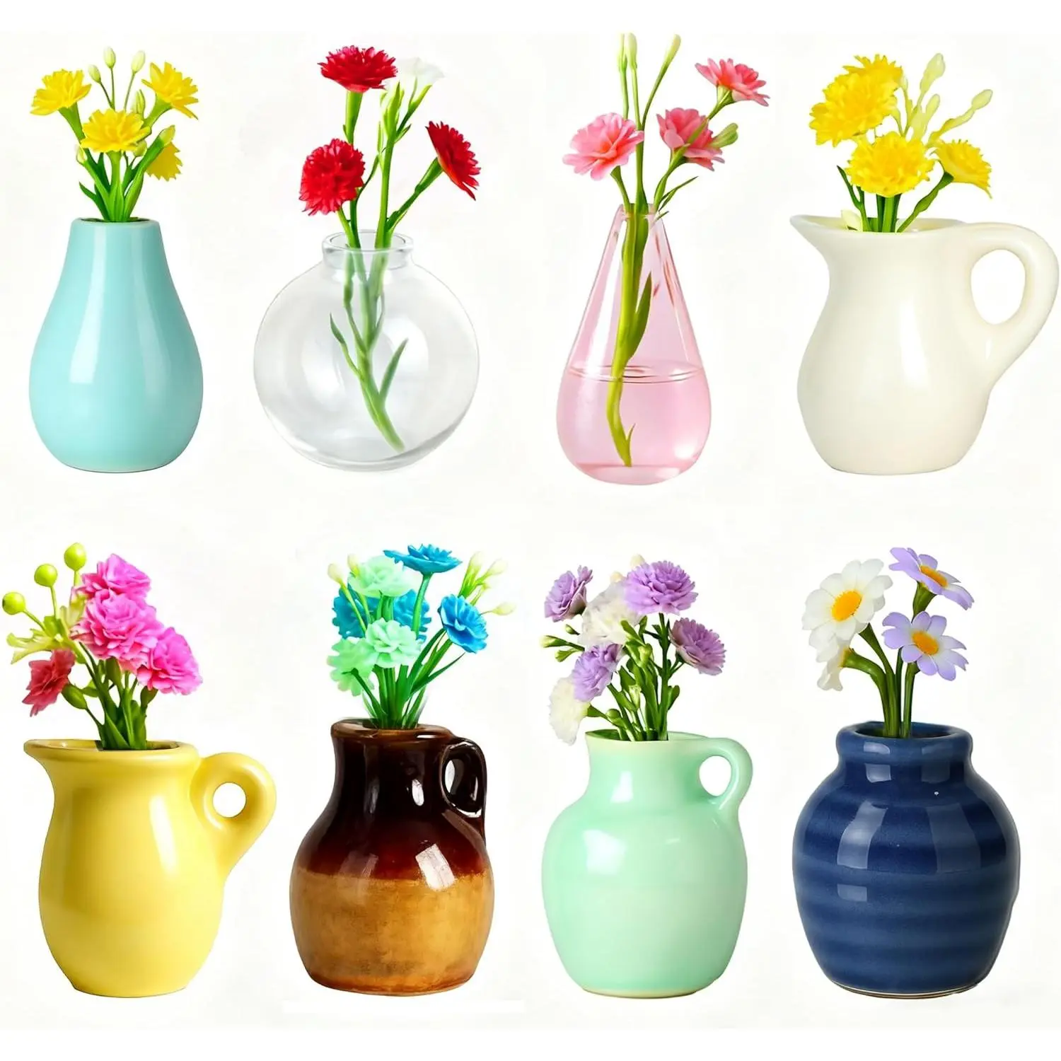 8-Pack Colorful Decorative Mini Ceramic Magnetic Vase Set - 1.1 Inches Tall, 0.5 Oz Cotton-Lined Metal Tiny Flower Vases with Gift Box, Fridge Magnets for Kitchen Refrigerator & Office Locker Ornaments, Fits Plant Sheets, Ideal for Coworkers