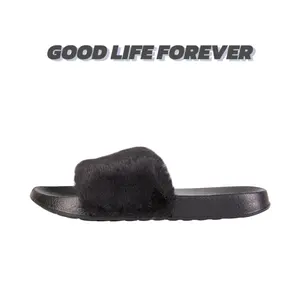 Good Life Forever Women's Faux Fur Slippers EVA Sole Fuzzy Flat Lightweight Spa Fluffy Open Toe House Shoes Indoor Outdoor Slip on Memory Foam Slide Sandals Pink