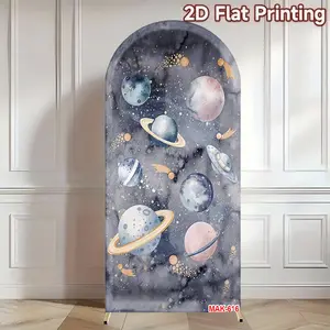 Space Galaxy Planet Arch Backdrop for Kids' Birthday Party & Outer Space Themed Baby Shower Decor Background Double-Sided Elastic Fabric