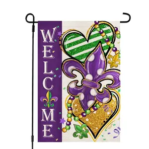 1 PC Mardi Gras Fleur de Lis Garden Flag for Outside 12x18 Inch Double Sided Small Burlap Look Polyester welcome Yard Outdoor New Orleans Carnival Celebration