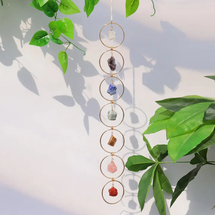 Boho 7 Chakra Wall Hanging with Raw Crystals, Spiritual Meditation Decor for Positive Energy, Unique Gift Idea, Natural Stone, Decorative, Dark, Rose Quartz, Lapis Lazuli, Ornaments, Hangable, Spirituality, Aventurine, Tiger Eye, Wall Mount, Red Jasper, M