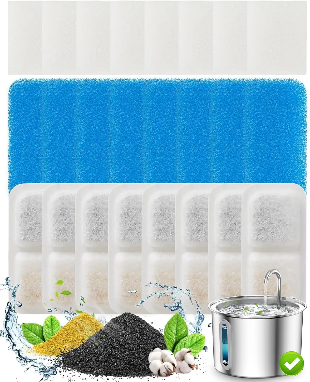 oneisall 8 Pack Replacement Filters for PWF-001 2L/67oz Cat Water Fountain Stainless Steel Water Fountain for Cats Inside, 3 Filtration System