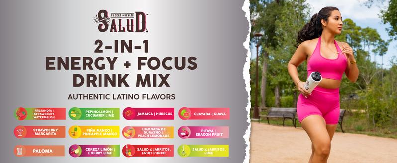 Salud x Jarritos 2-in-1 Energy Drink Powder + Focus, Fruit Punch, Organic Caffeine, B6 + B12, Theanine, Clean Energy Drink Packets, Agua Fresca Mix, Non-GMO, Gluten Free, 1g of Sugar, (15 Servings)