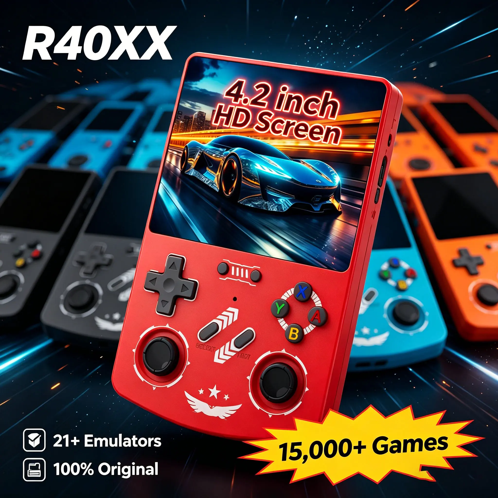 R40xx Retro Handheld Game Console with 15000+ Pre-Loaded Games, 4.2-Inch HD Screen, over 21 Emulators, Compact Portable Design for Gaming Enthusiasts
