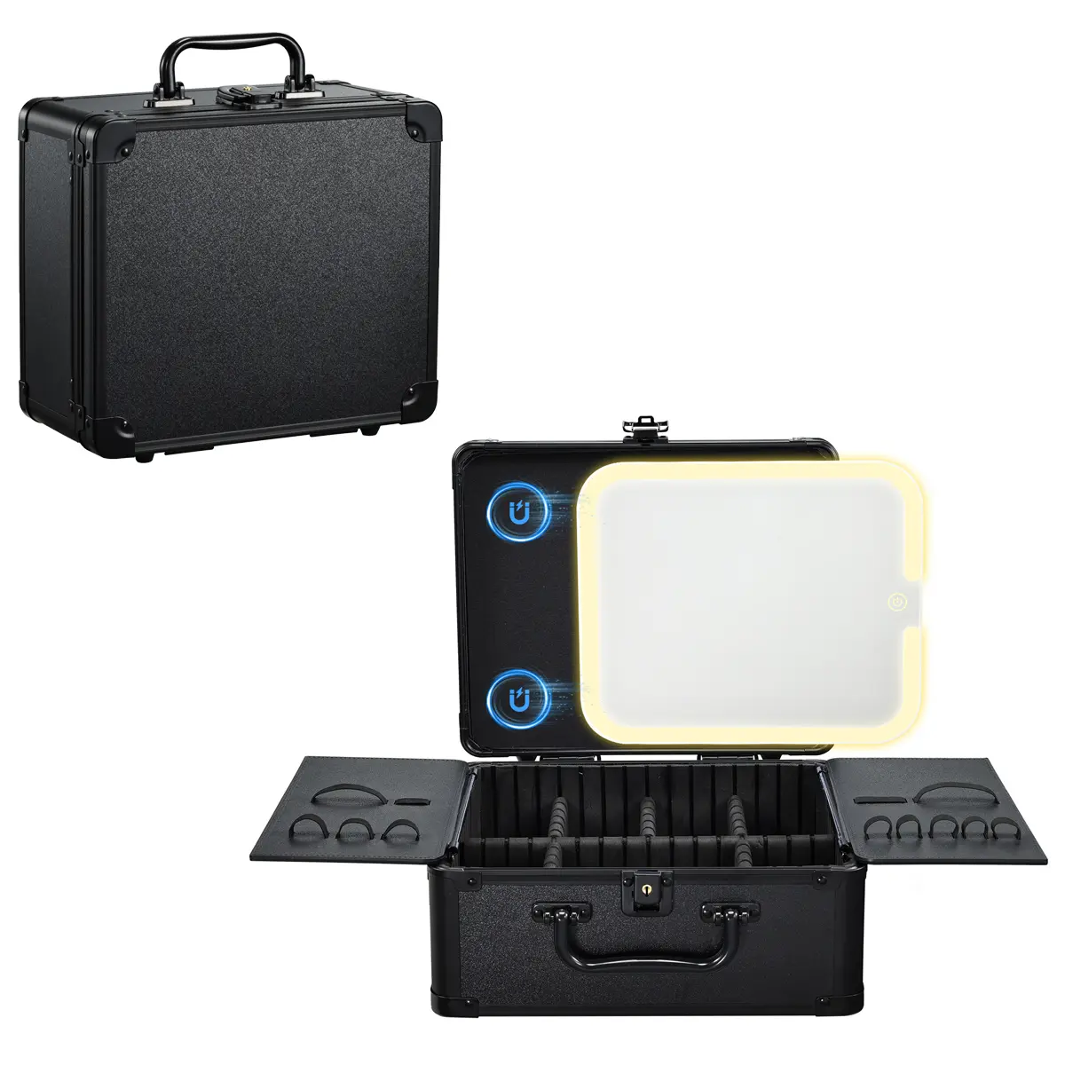 Portable Makeup Case with Detachable Magnetic Lighted LED Mirror Travel Makeup Box Bag Waterproof Cosmetic Train Case Organizer Adjustable Dividers Brush Holder