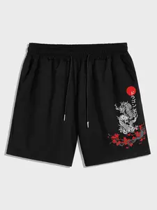 Men's Regular Fit Dragon & Floral Print Drawstring Shorts, Casual Stylish Aesthetic Elastic Waist Pocket Track Shorts for Daily Outdoor Wear, Men's Bottoms for All Seasons