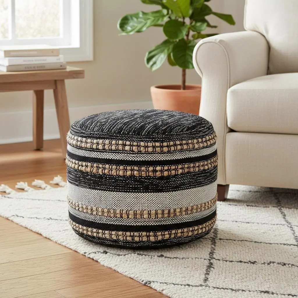 Briala Handmade Farmhouse Striped Round Indoor Medium Pouf Ottoman, Black