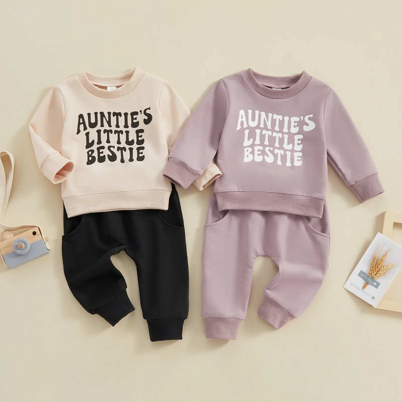 Toddler Baby Girl Boy Aunties Bestie Clothes Long Sleeve Letter Print T-Shirt with Elastic Waist Pants Set Outfit 0-3 Years