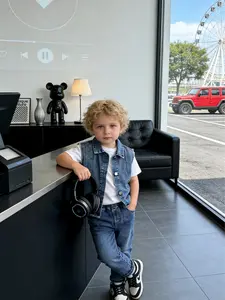 Boys' Denim Vest Set with Slim Fit Pants & T-Shirt, Combination Set, Casual Summer, Comfortable & Stylish, Ages 8 and Under