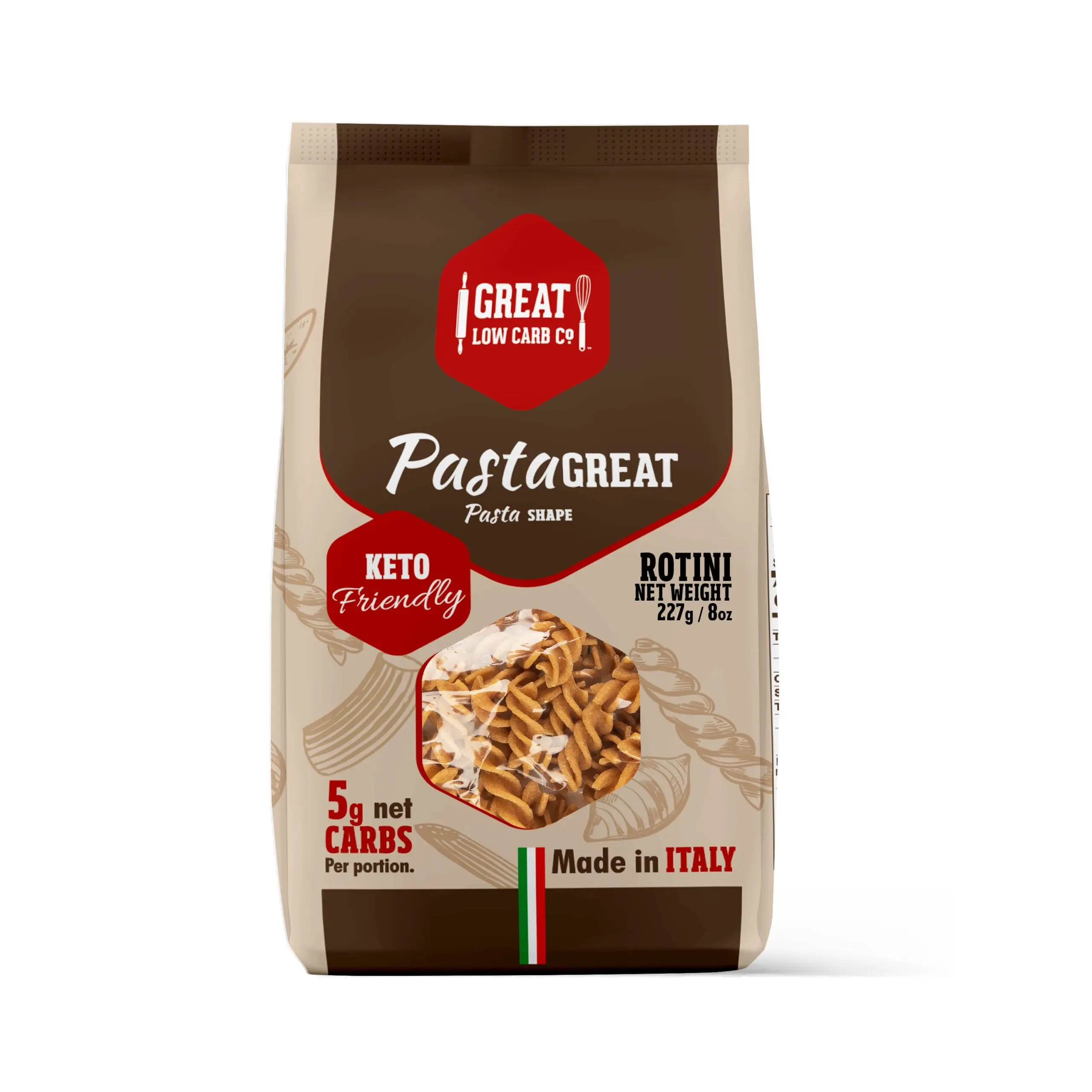 Great Low Carb Pasta Rotini 8oz - High Fiber Protein Pasta Alternative 100 Calories 28g Fiber 19g Protein Keto Friendly Made in Italy