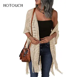 HOTOUCH Women’s Knit Cardigan Open Front Outwear Hollow Out Crochet Tassel Lightweight Casual Loose Fit Beach Cover Up Outdoorfun Summer Outfit Vacation