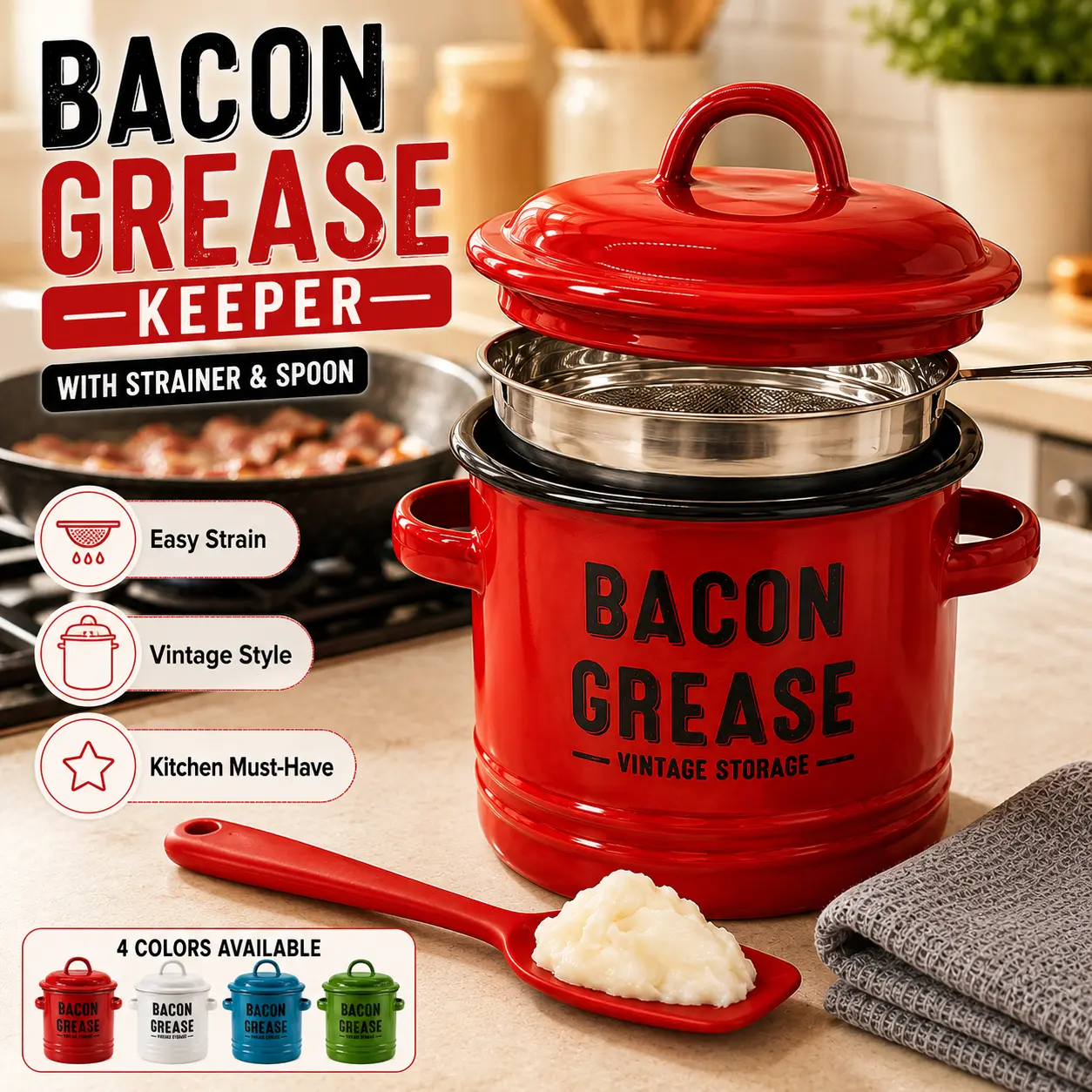 5-Piece 46oz Enamel Bacon Grease Keeper Canister Set with Stainless Steel Strainer, Lid, Spatula, Cleaning Cloth, Heat-Resistant Kitchen Utensils, Kitchen Food Storage, Organized Food Storage, Preserving Container, Vintage Home Decor