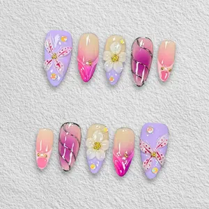 Pressmeon Handmade Press-on Nails | Lilac Reverie | Medium Almond Shape Collection | 3D Luxury Salon Quality | Reusable & Extra Durable | Eco Package