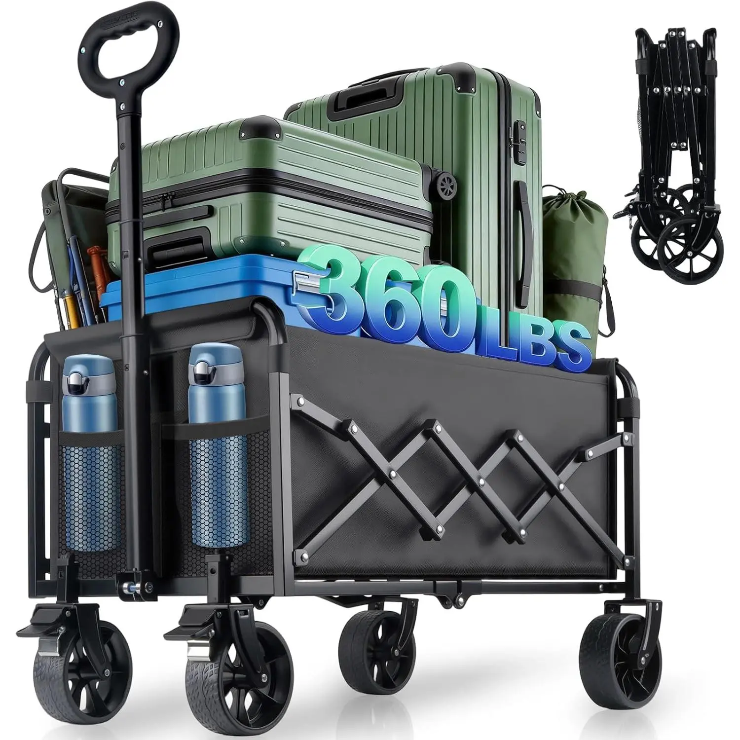 Collapsible Wagon Cart with Brakes, 360 LBS Heavy Duty Foldable Utility Cart, All Terrain Wheels & Safe Braking Structure, Multifunctional Folding Trolley for Shopping, Beach, Camping, Outdoor Activities, Gardening and Fishing