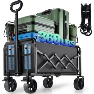 Collapsible Wagon Cart with Brakes, 360 LBS Heavy Duty Foldable Utility Cart, All Terrain Wheels & Secure Braking Design, Multi-Purpose Folding Trolley for Shopping, Beach, Camping, Outdoor Sports, Gardening and Fishing