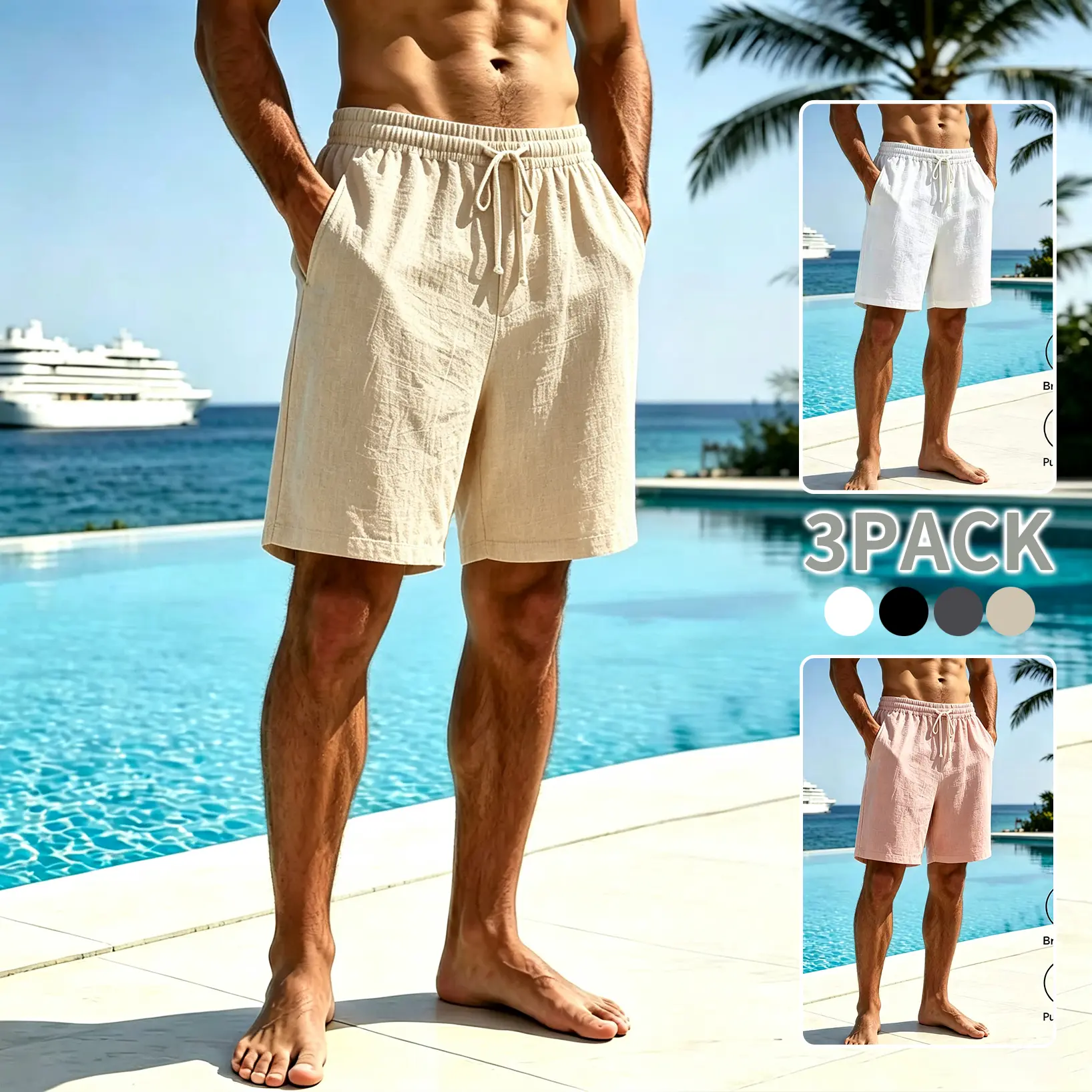 3-Pack Men’s Cotton Linen Shorts, Old Money Style Solid Color Loose Casual Shorts with Drawstring Elastic Waistband & Pockets, Breathable Linen Beach Shorts for Dual Scenarios: Home Wear / Beach & Commute quick drying short