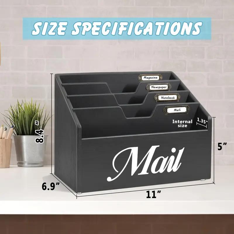 Mail Organizer Countertop, Mail Holder with 4 Slots, Mail Sorter for Desk, Wooden Office Desk Organizer, Mail Organizer for Magazines, Files, Papers, Folders, Rustic White and Black Free Gift