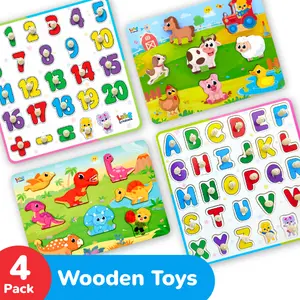 Wooden Puzzle Set by Lucas & Friends - Dinosaur Puzzle, Farm Animals Puzzle, Alphabet Puzzle & Number Puzzle