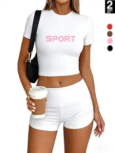 2026 Sport Women's 2 Piece Lounge Set Slim Fitted Short Sleeve Crop Top and Fold over Shorts, Casual Comfy Tracksuits for Everyday Wear