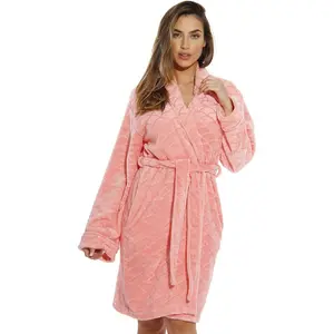 Women's Plush Fleece Bathrobe, Shawl Collar Jacquard Robe with Tie BeltGift
