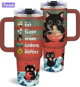 Cats Noodles Design 40oz Tumbler With Handle, Anime Cat 40 oz Tumbler, Cool Tumbler, Thanks Giving Gift, Chritsmas Tumbler