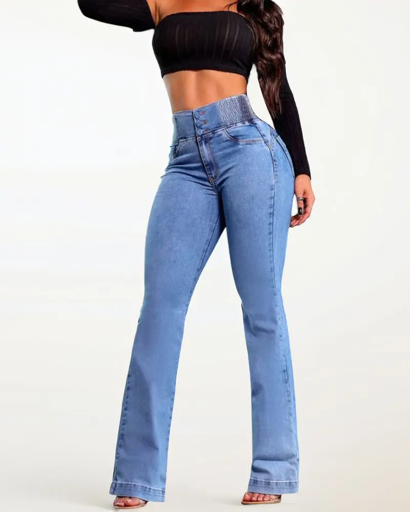 【Fallfreshness】2025 Elastic Waist High Waist Stretch Tights Slightly Flared Hip Lift Denim Trousers flared jeans Wide Leg Jeans,summerwins,summeroutfits,vacationoutfits,beachoutfits