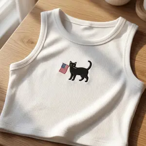 Patriotic Cat Embroidered Tank Top, American Flag Cat Strap Tank Racer Tank & Baby Tee, Fourth of July Summer Outfit, Cute USA Cat Shirt, Gift for Cat Lovers