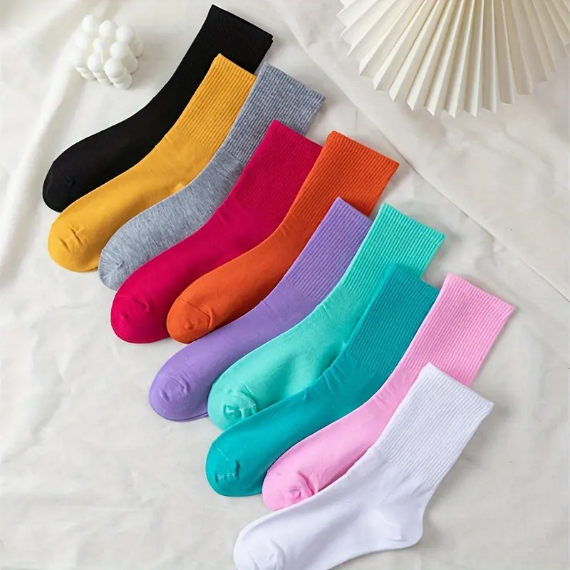 Women's Mid-Calf Athletic Socks, 10-Pair Pack Multicolor Sports Socks for Women, Soft Polyester Spandex Blend, Breathable & Stretchy, Lady, Basic, Multicolor Mix, Polyester Blend, Multicolor Athletic Socks, Breathable Fabric