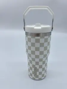 Creme Checkered 20 oz Tumbler with Flip Up Straw & Handle