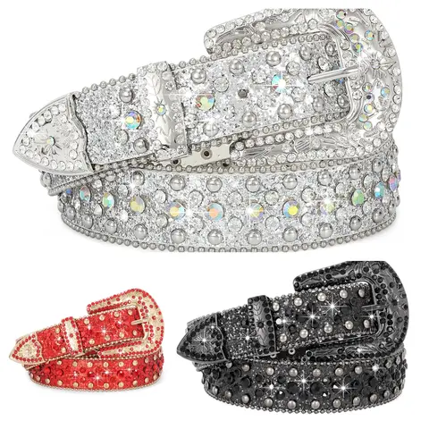 XZQTIVE Women's Heavy Duty Cowhide Western Belt - Glitter Rhinestone, Sequin Studded Strap, Square Buckle, Fashion Jeans Accessory