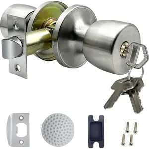 Satin Nickel Round Ball Door Knob with Lock and Key, 1 Pack - Interior/Exterior Door Knob for Bedroom and Bathroom