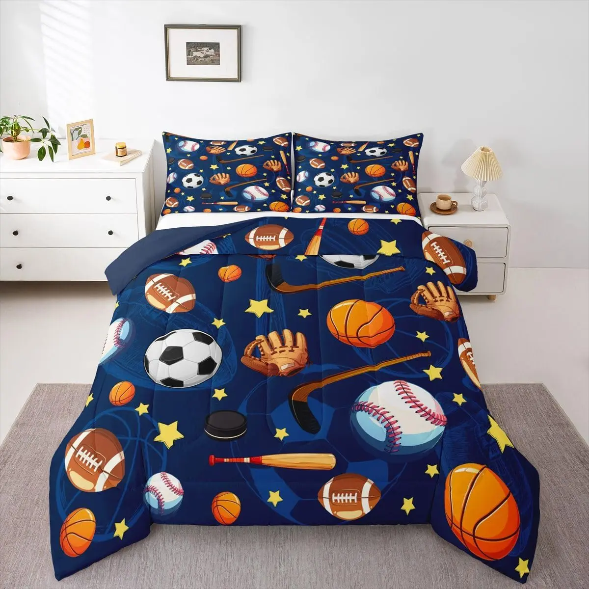 Soccer Basketball Comforter Set Football Baseball Hockey Bedding Set for Kids Boys Girls Gaming Sports Navy Blue Duvet Quilt Bedroom Decor Microfiber