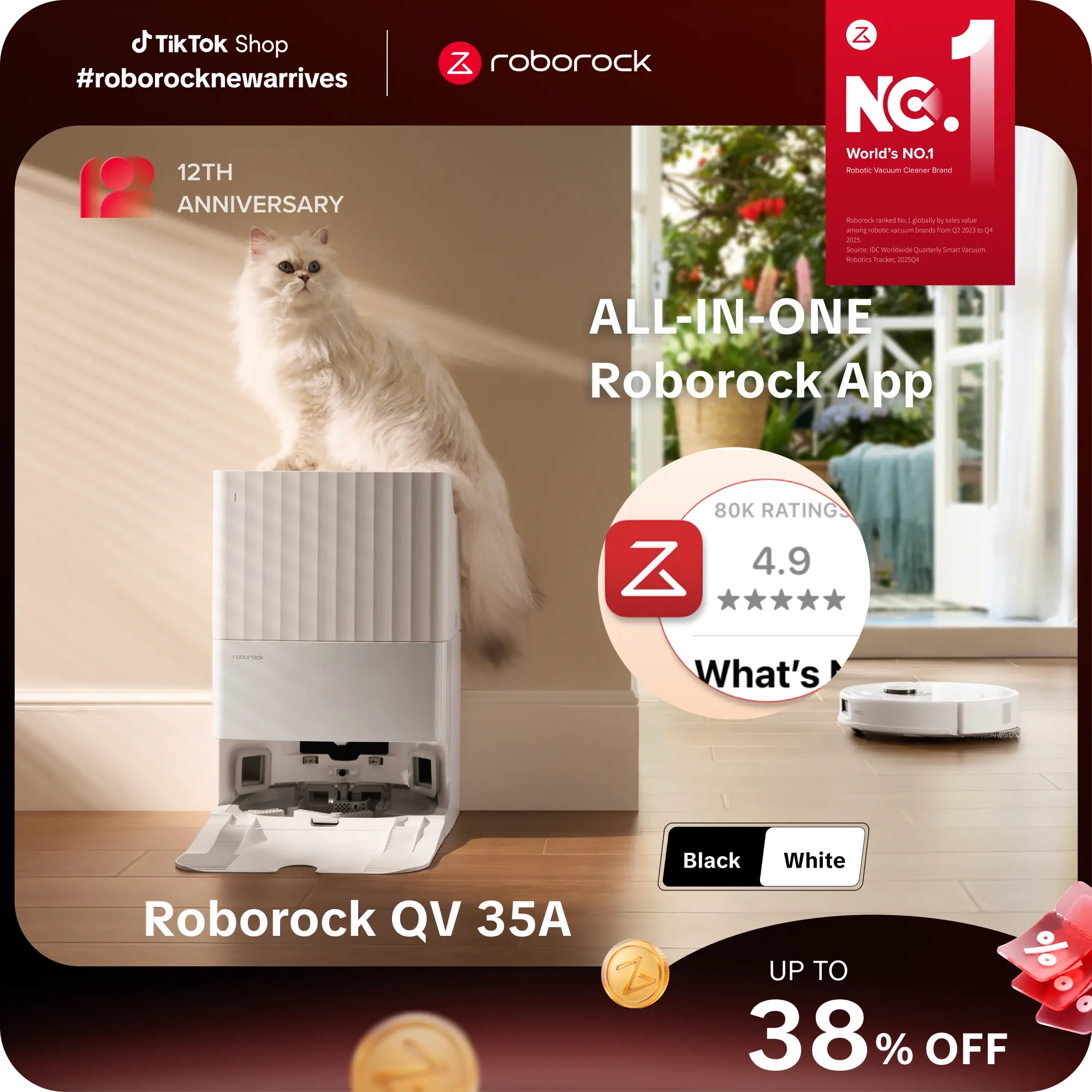 Roborock Qrevo Series Robot Vacuum and Mop (QV 35A), 8000Pa Suction, Anti-Tangle Brushes, Smart Obstacle Avoidance, Auto Mop Washing, All-in-One Dock, 200RPM Spinning Mops #TikTokShopBackToSchool #roborocknewarrives