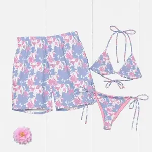 Tropical Rose Matching Swimwear Set, Pastel Bikini Womens and Mens Swim Shorts Couple Beach Outfit Summer Vacation Gift for Him Her