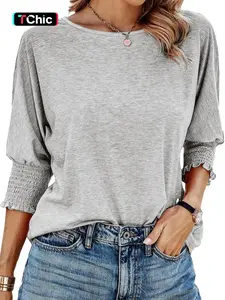 【Modest Special 】Women's Plain Frill Trim Shirred Batwing Sleeve Tee, Casual Loose Fit Basic 3/4 Sleeve Round Neck T-shirt for Spring Summer, Women's Top for Daily Wear, Casual Everyday Wear, Cute Tops