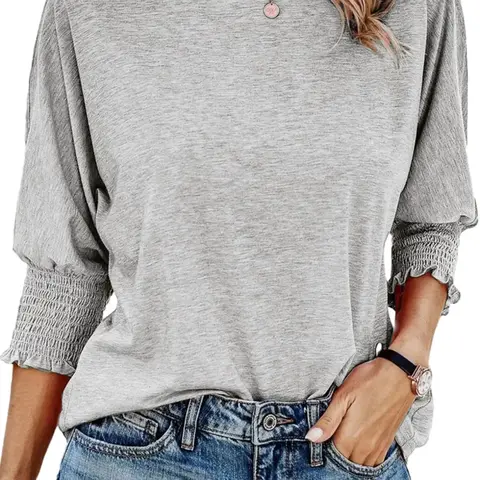 【Modest Special 】Women's Plain Frill Trim Shirred Batwing Sleeve Tee, Casual Loose Fit Basic 3/4 Sleeve Round Neck T-shirt for Spring Summer, Women's Top for Daily Wear, Casual Everyday Wear, Cute Tops