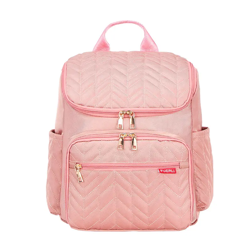 Quilted Chevron Pattern Lightweight Nylon Multi Pocket Casual Backpack, Adjustable Padded Shoulder Strap Daily Travel School Daypack, Women Minimalist Multi Compartment Outdoor Rucksack, Multiple Neutral Solid Color Options