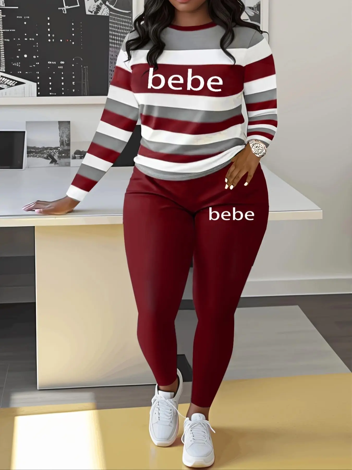 Bebe Women's Striped Letter Print Casual Autumn Winter Set Round Neck Long Sleeve Top & Pants Comfortable Two-Piece Outfit
