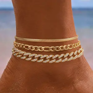3PCS Gold Anklet Set for Women Waterproof Adjustable Cuban Link & Snake Chain Anklets Chunky Layered Beach Jewelry Trendy Summer Vacation Accessories Gift