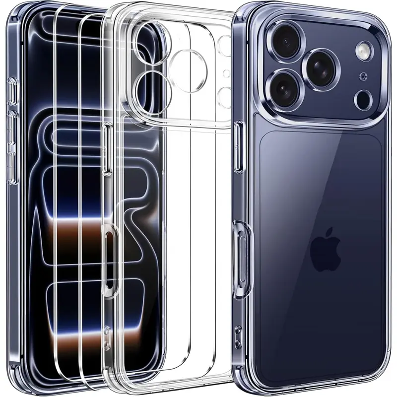 3-in-1 Clear Case Designed for iPhone 17 Pro Max 6.9'' 2025 with 2 Pack Tempered Glass Screen Protector, Military Shockproof Hard Back Slim for 17 Pro Max Cover - Clear