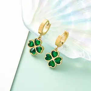 Lucky Clover Love Green Glass Stone Zircon Set Stainless Steel Gold Plated emerald Earrings Necklace Bracelet Three Piece Set in Stock