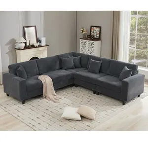 Oversized Modular Sectional Sofa Set L Shaped Couch Corduroy Upholstered Deep Seat 5 Seat with 5 Throw Pillows 6 Back Cushions Living Room Apartment Gray, Living Room Furniture for Apartment, Lounge, Family Room, Office and Home Seating