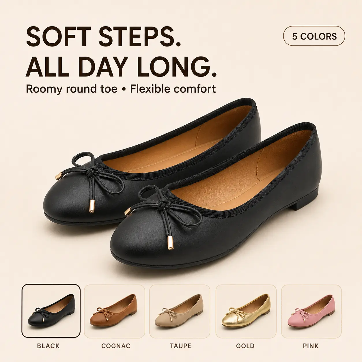 Women’s Bow Ballet Flats - Soft Round Toe Slip-On Low Heel Wide-Fit Comfortable Dress Footwear for Office, Fall, Black, Office Wear