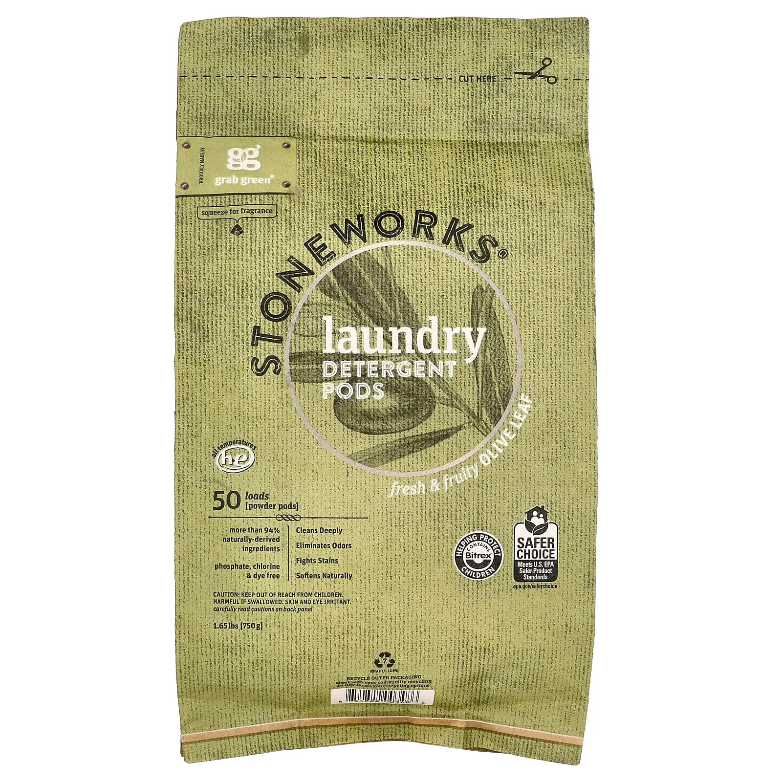 Grab Green Stoneworks, Laundry Detergent Pods, Olive Leaf, 50 Loads, 1.65 lbs (750 g)