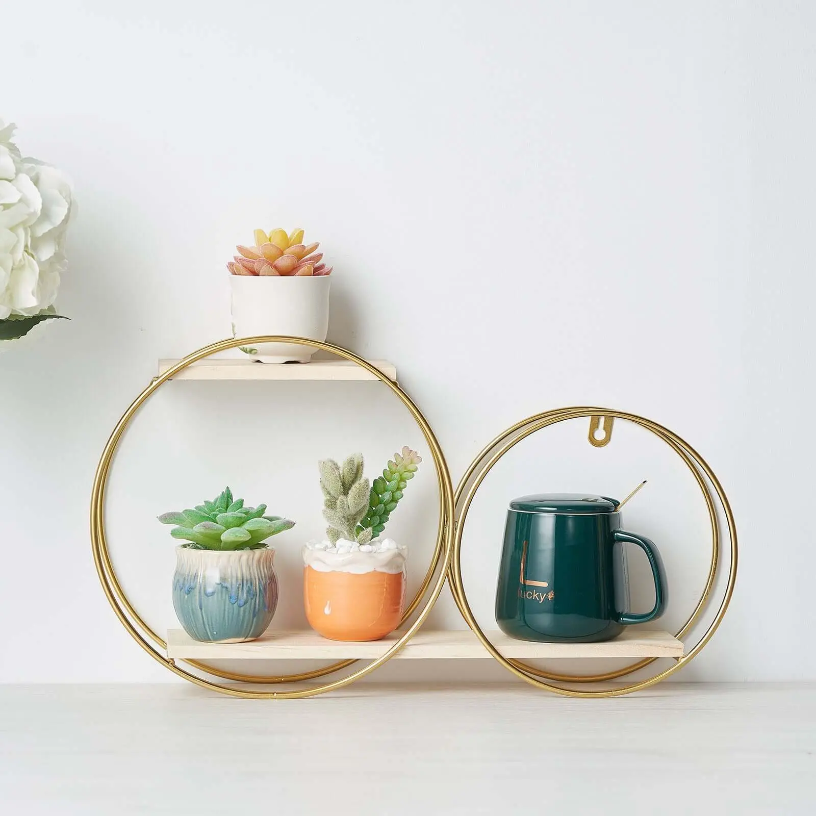 Gold 2-Tier Round Floating Wall Shelf with Double Hoop Design (10"x18") - Food Dessert Display Stand for Home Wall Decor, Study Decorating, Organizing Floating Shelves