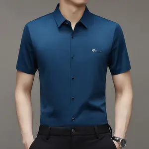 [Luxury Fashion] Ice Silk Short Sleeve Shirt Men's High Elastic Seamless Summer New Young and Middle-Aged Business Fashion Solid Color Shirt Men's Clothing
