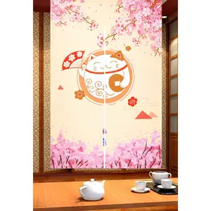 LIGICKY Japanese Style Noren Long Doorway Curtain Fortune Cat & Cherry Blossom Hanging Door Tapestry for Home Decoration, 33.5 x 59 inch